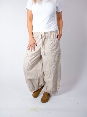 NEW-DAVI & DANI Beige Striped Wide-Leg Drawstring Pants